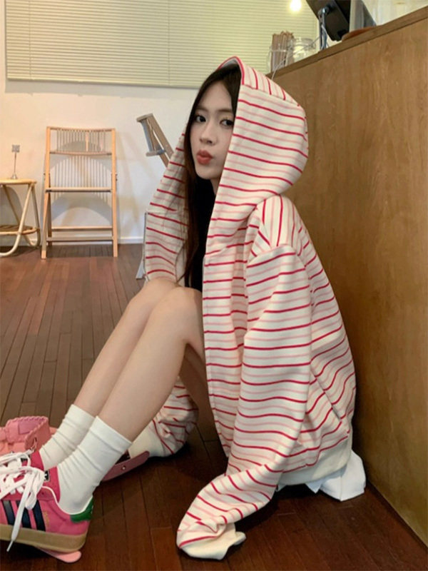 粉色条纹连帽卫衣外套女春秋欧货新款宽松休闲慵懒风百搭开衫上衣