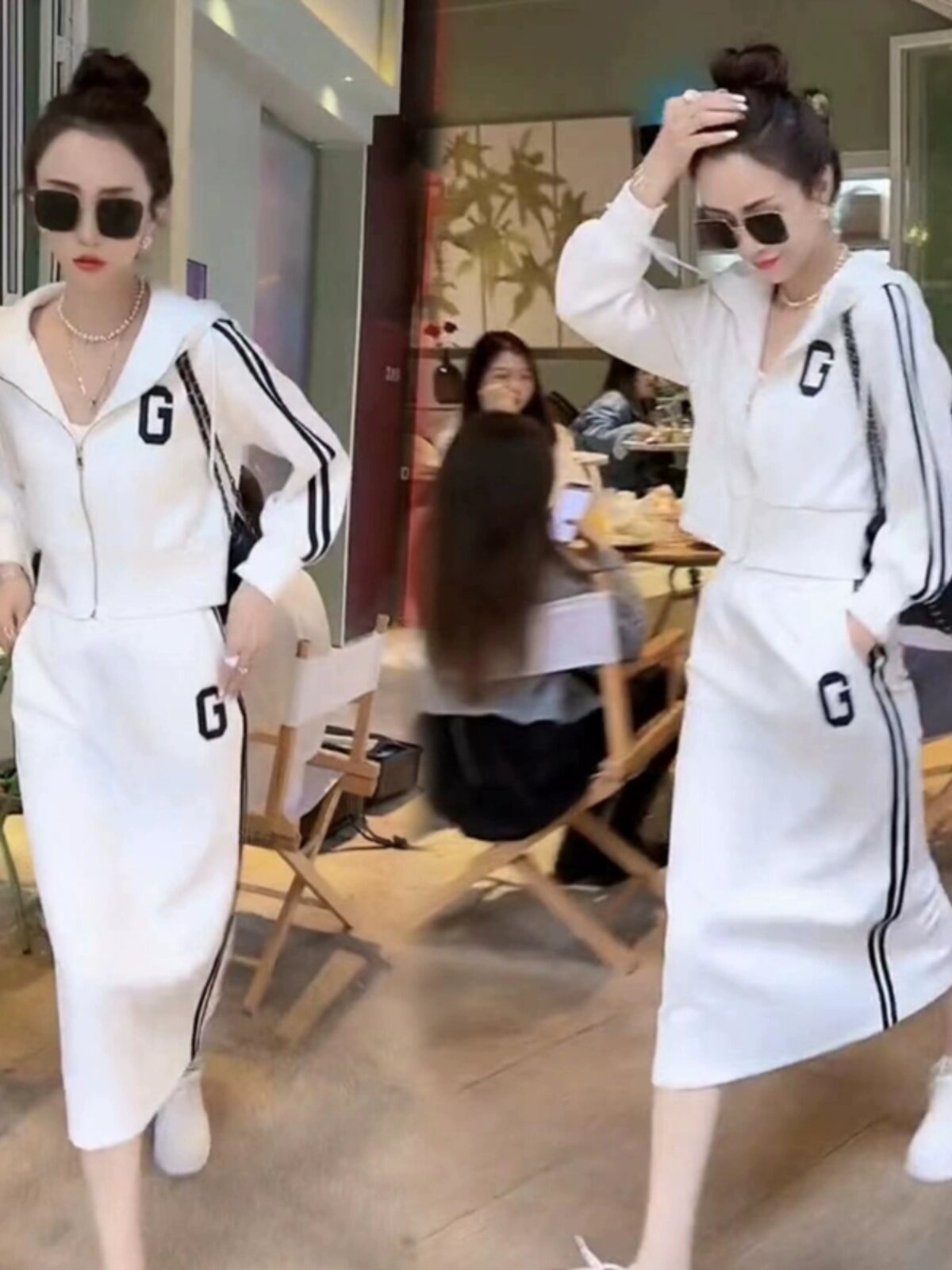 连帽拉炼卫衣女春秋季欧货高腰直筒半身裙两件套短款字母运动套装