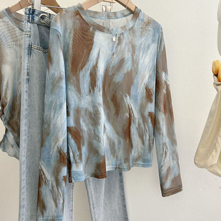 网纱长袖t恤女士春秋欧货新款扎染薄款晕染打底衫防晒衣罩衫上衣