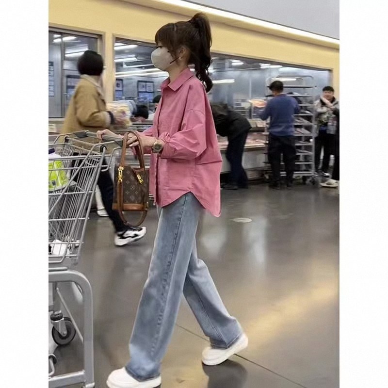 粉色衬衫女士春秋欧货长袖衬衣小个子口袋开衫中长款polo翻领上衣