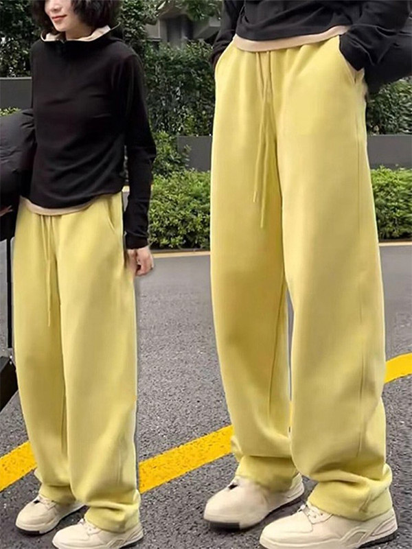黄色阔腿裤女春秋欧货宽松休闲高腰显瘦直筒卫裤垂感拖地长裤子