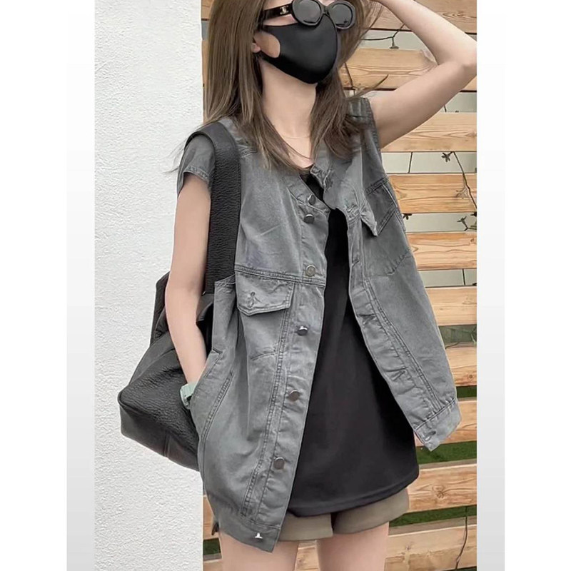 覆古水洗牛仔马甲女春夏季欧货薄款坎肩无袖马夹中长版小个子外套