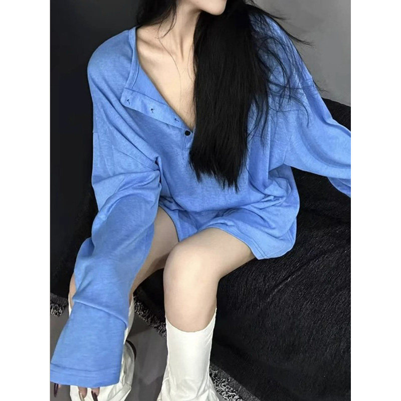 蓝色V领防晒长袖T恤女春秋欧货2025新款慵懒风宽松休闲 中长版上