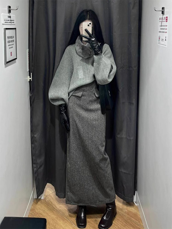 灰色毛呢半身裙女春秋欧货高腰显瘦后开叉垂感直筒裙中长款裙子