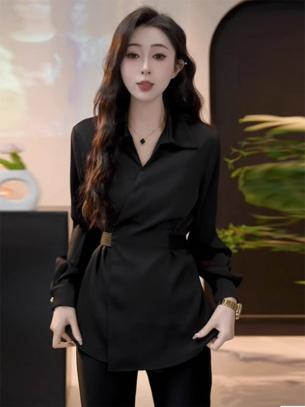 黑色翻领雪纺长袖衬衫女春秋欧货新款收腰显瘦衬衣内搭打底衫上衣