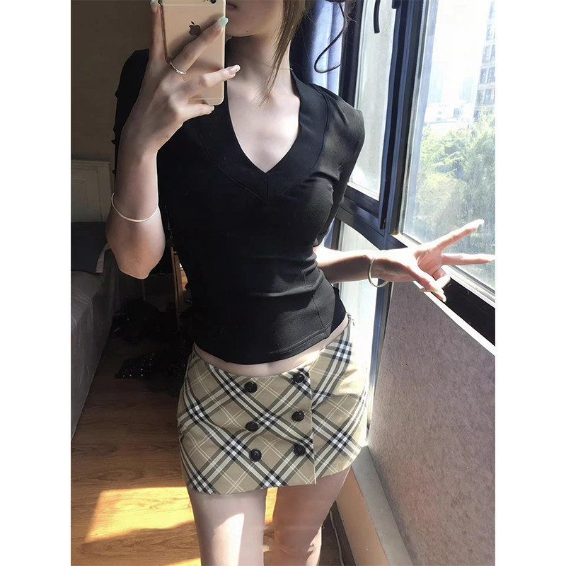 复古格纹双排扣半身裙女春夏欧货低腰A字短裙显瘦辣妹不规则裙子