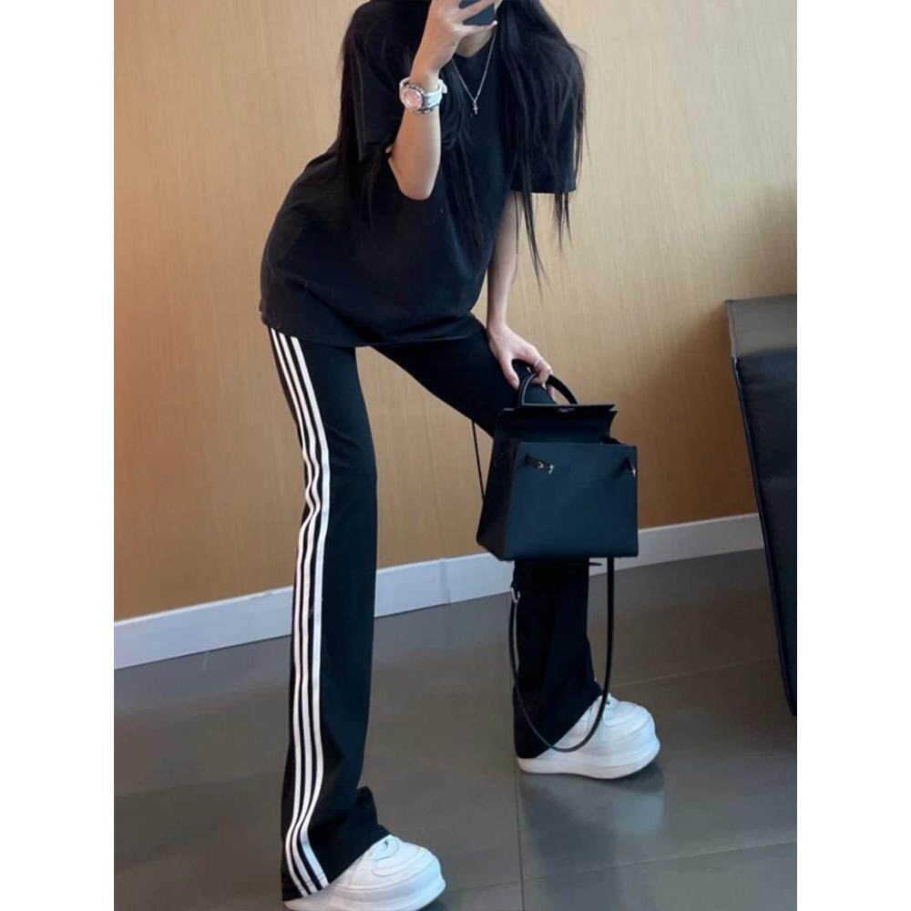 高腰侧边三条杠喇叭裤女春秋大码胖mm修身显瘦弹力百搭条纹微喇裤
