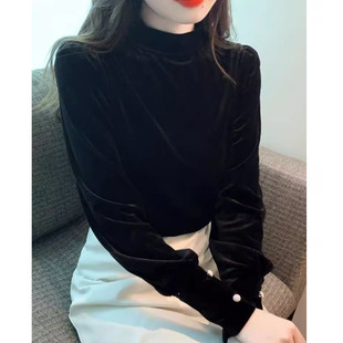 黑色金丝绒半高领长袖T恤女春秋欧货内搭复古赫本风小衫法式上衣