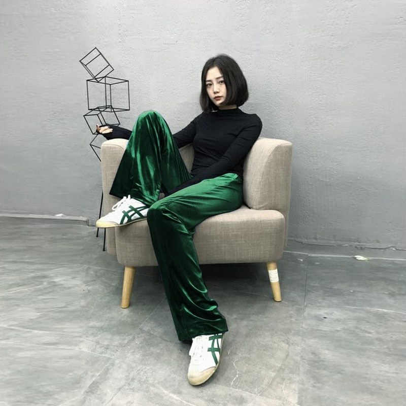 墨绿色金丝绒阔腿裤女士春秋季欧货垂坠感高腰直筒休闲裤拖地长裤