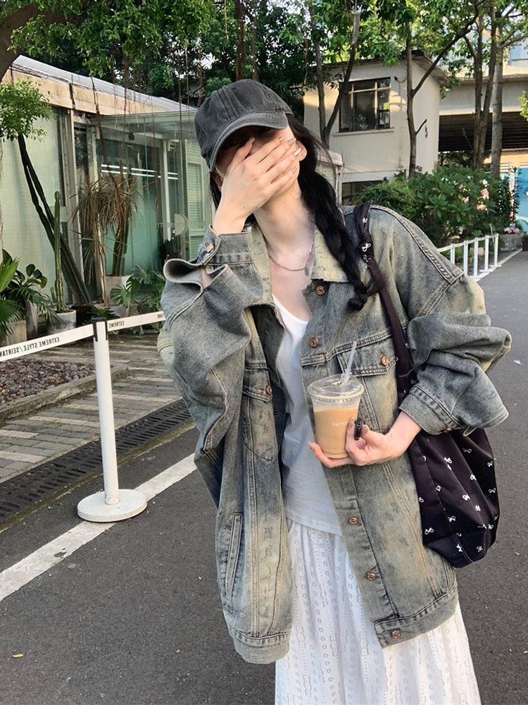 高街美国覆古水洗苦恼牛仔夹克女子春秋季欧洲宽松中长夹克上衣
