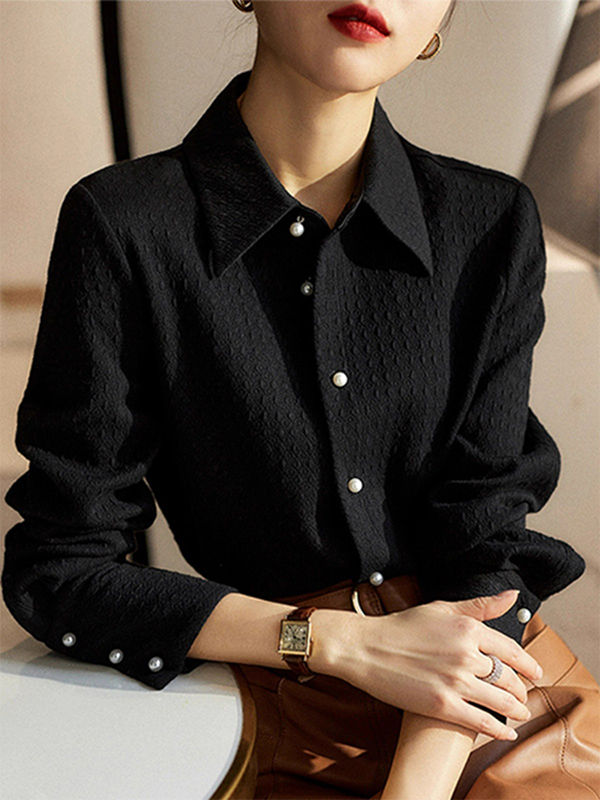 黑色珍珠扣翻领长袖衬衫女春秋欧货新款洋气加绒覆古衬衣外套上衣