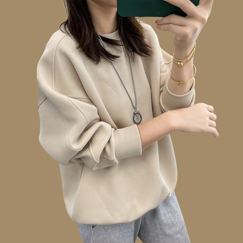 杏色加绒加厚上衣女秋冬季欧货休闲宽松无帽圆领套头大码短款卫衣