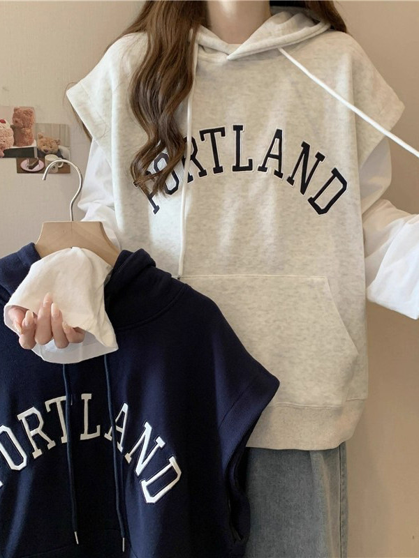 浅灰色连帽卫衣马甲女春秋欧货薄款大码刺绣叠穿无袖上衣背心外套