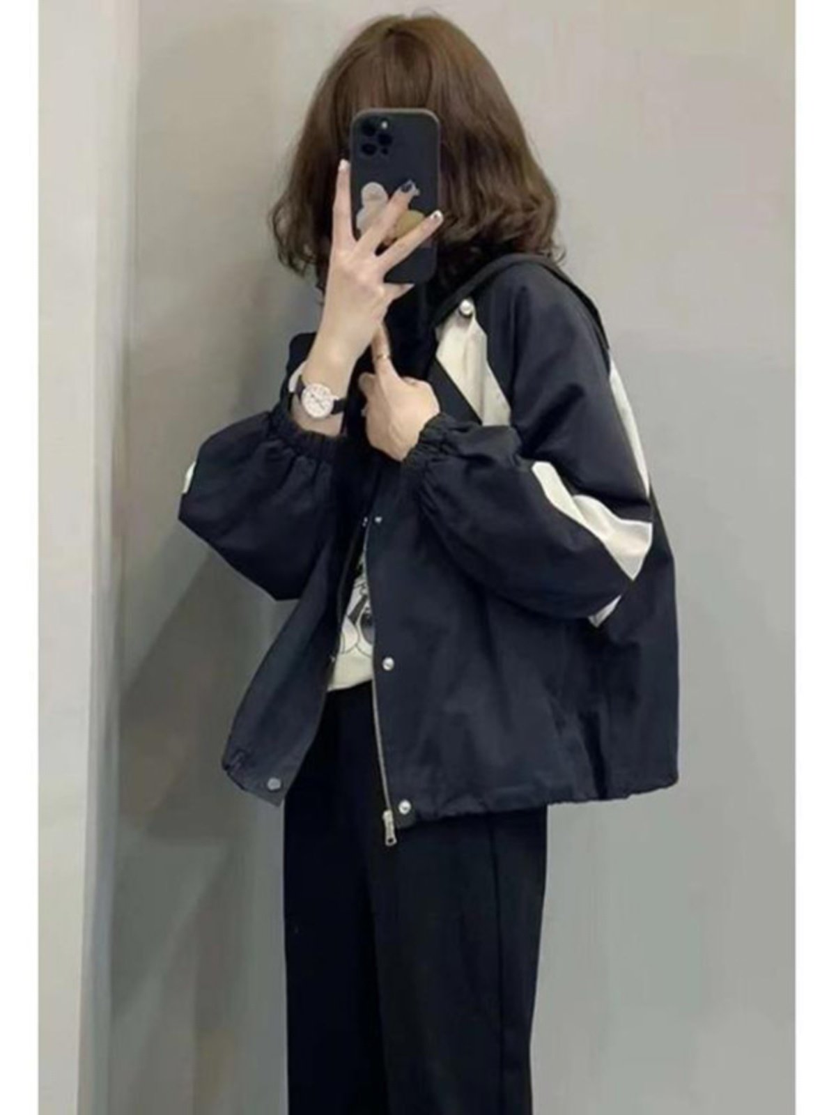 黑白撞色冲锋衣外套女秋冬欧货小个子短款棒球服夹棉加厚运动夹克