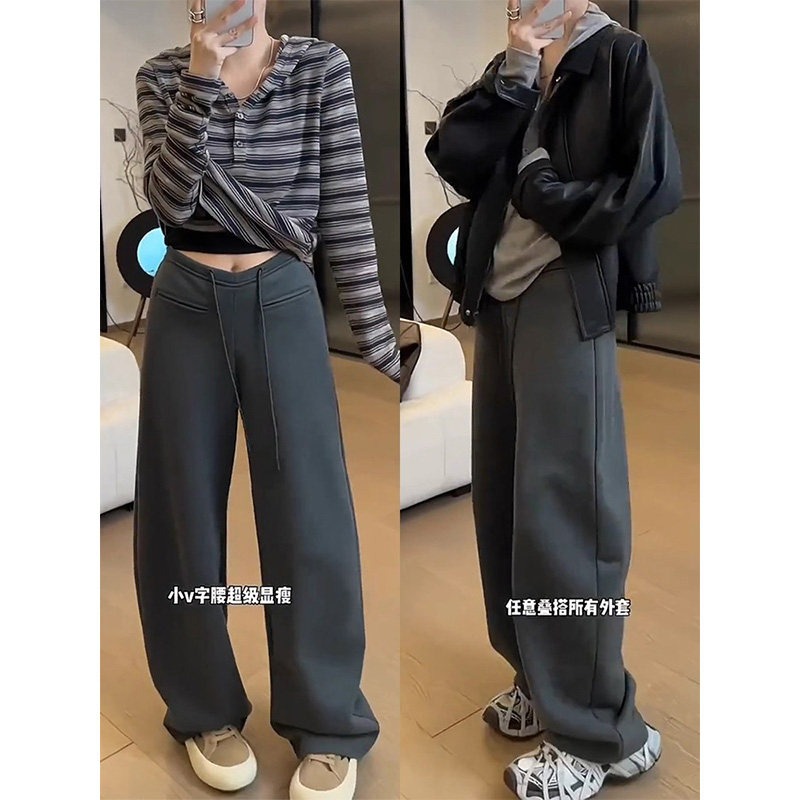 灰色高腰弯刀运动卫裤女秋冬欧货加绒加厚阔腿休闲裤垂感拖地长裤