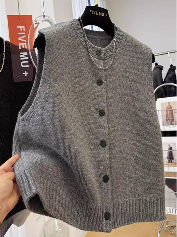 灰色圆领针织开衫马甲女秋冬欧货叠穿外搭小香风无袖毛衣背心上衣