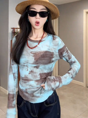 扎染晕染网纱防晒衣长袖t恤女春夏欧货薄款叠穿镂空罩衫薄纱上衣