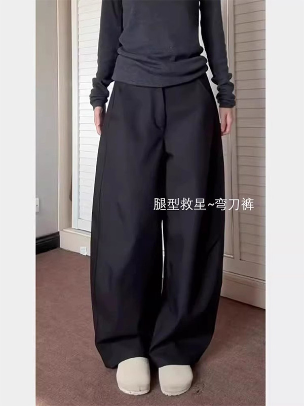 黑色弯刀休闲裤女春秋欧货大码高腰宽松显瘦垂感直筒西装阔腿裤