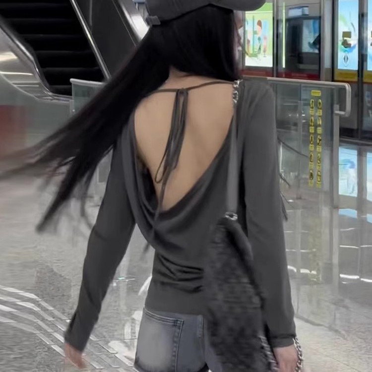 灰色系带露背长袖防晒T恤女春秋欧货设计感宽松显瘦别致罩衫上衣