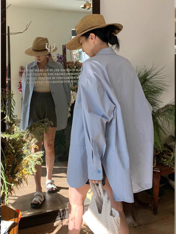 蓝色翻领长袖女式春秋季欧洲站新款宽松慵懒风格百搭休闲中长衬衫