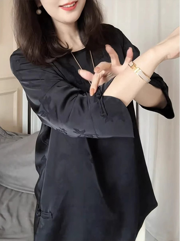 黑色圆领三分之袖上衣女士春秋季欧洲站民族风格新中国风时尚百搭