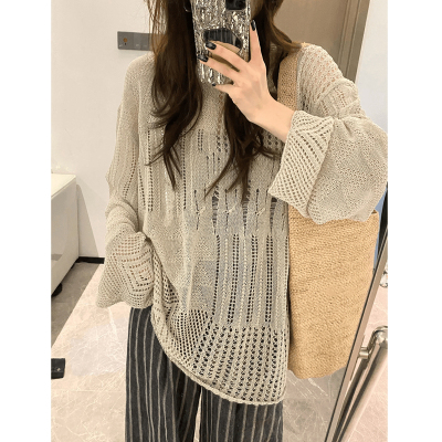 网织镂空长袖冰丝针织衫女春夏季欧货防晒罩衫慵懒风破洞勾花上衣