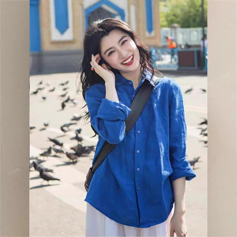 克莱因蓝棉麻衬衫女春秋欧货新款轻奢防晒开衫休闲外搭宽松上衣