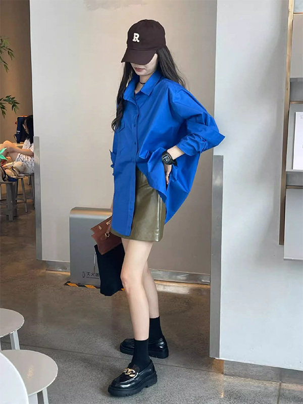 克莱因蓝翻领长袖衬衫女春秋欧货薄款大码宽松中长款上衣开衫外套