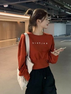 红色卫衣女士秋冬季欧货小个子短款高腰加绒加厚收腰圆领纯棉上衣