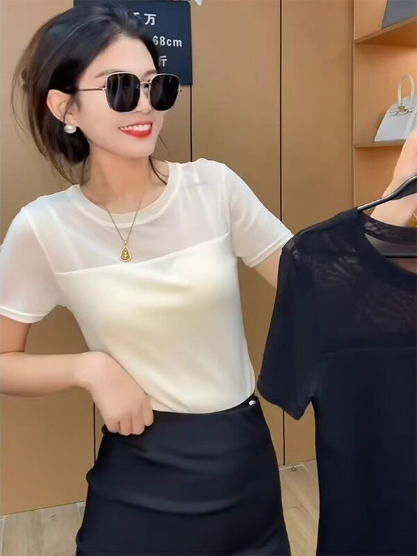 杏圆领拼接网眼短袖t恤女子夏季欧洲底衬衫短略透视性感苗条上衣
