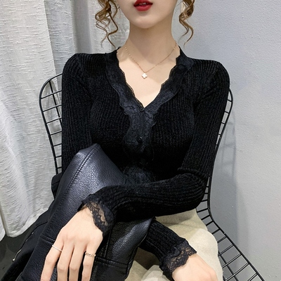 天鹅绒打底衫女士秋冬欧货蕾丝花边V领套头毛衣修身内搭针织上衣