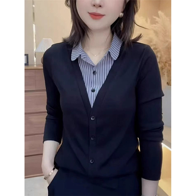 黑色条纹Polo领长袖假两件衬衫女秋冬欧货修身显瘦内搭打底衫上衣