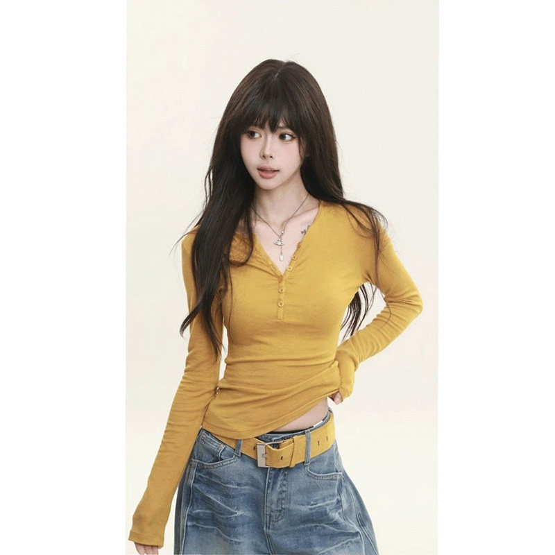 黄色V领长袖T恤女春秋欧货性感纽扣设计感修身显瘦内搭打底衫上衣