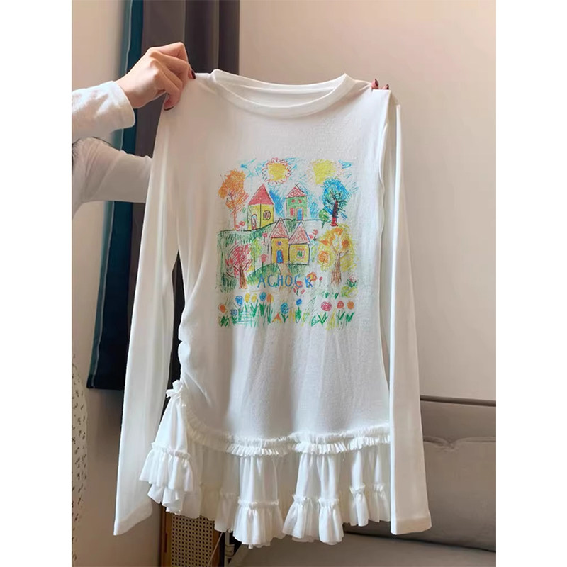 白色童趣印花长袖T恤女春秋欧货蕾丝花边拼接中长款修身显瘦上衣