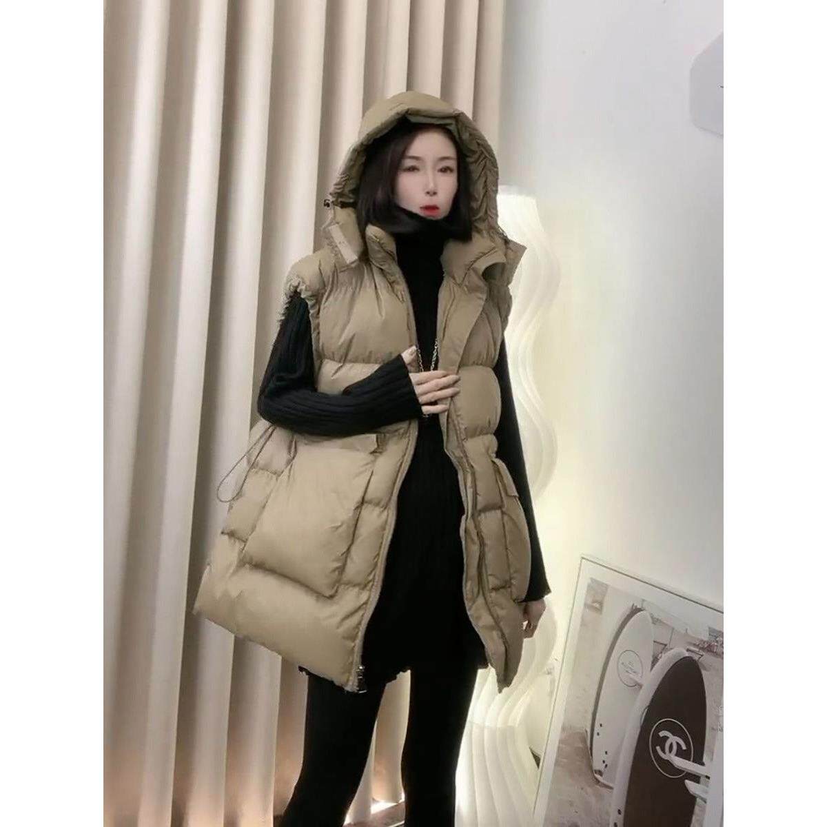 中长款连帽羽绒棉服外穿马甲女秋冬季欧货抽绳百搭宽松显瘦上衣