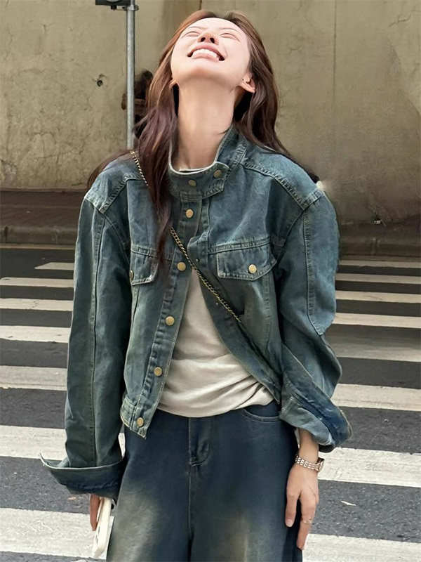 蓝色覆古立领长袖牛仔外套女春秋欧货短款机车服韩版气质夹克外衣