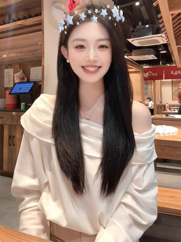 白色斜肩翻领长袖衬衫女春秋欧货优雅气质休闲宽松显瘦小衫上衣