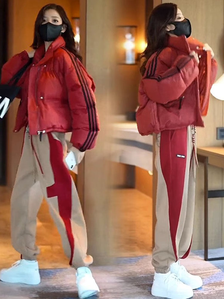 红色羽绒棉外套女秋冬季欧货短款加绒加厚高腰撞色休闲裤两件套装