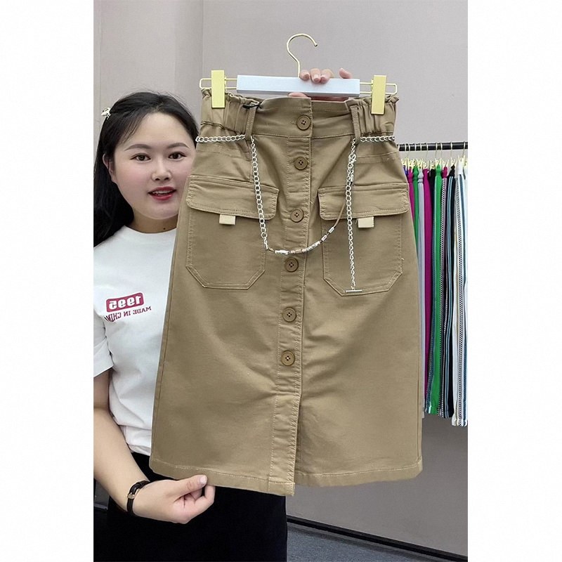 中长款牛仔水洗棉半身裙女士春秋欧货小个子单排扣开叉修身A字裙