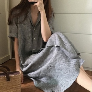 条纹棉和亚麻衬衫连衣裙的妇女夏季欧洲苎麻长过膝亚麻马球文学短
