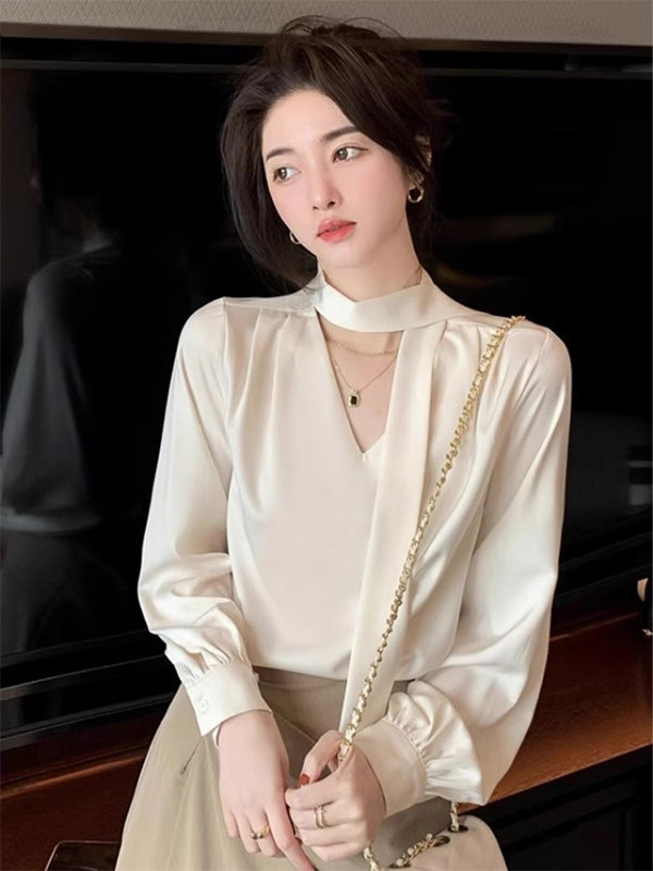 米色v领醋酸缎面衬衫女春秋欧货职业通勤衬衣雪纺气质飘带上衣