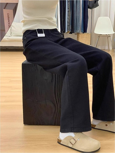 黑色阔腿牛仔裤女秋冬欧货加绒加厚宽松直筒裤高腰显瘦拖地长裤