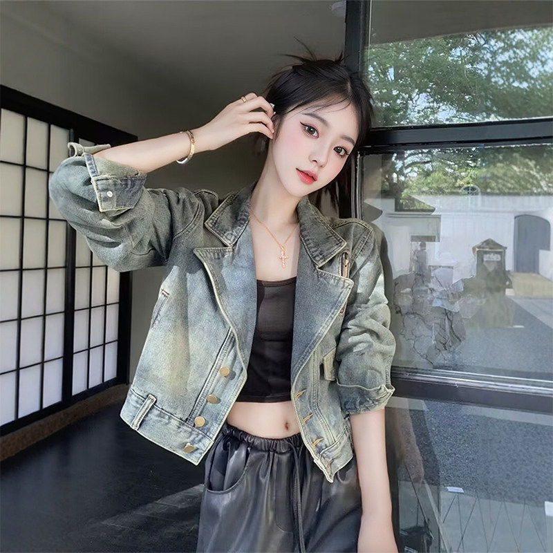 港风复古牛仔短外套女春秋季欧货时尚休闲百搭机车夹克设计感上衣
