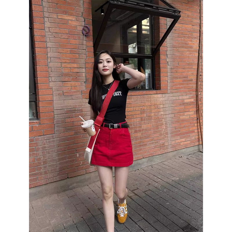 红色美式高腰A字牛仔半身短裙女夏季欧货时尚百搭复古休闲包臀裙