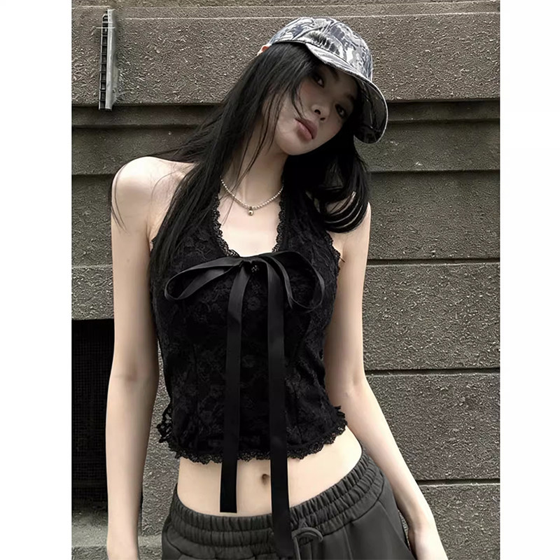 黑色蝴蝶结系带蕾丝挂脖背心女夏季欧货法式甜辣V领修身外穿上衣