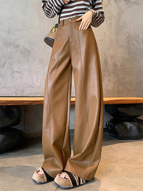 咖啡色西装皮裤女秋冬欧货高级感时尚高腰宽松显瘦垂感直筒阔腿裤