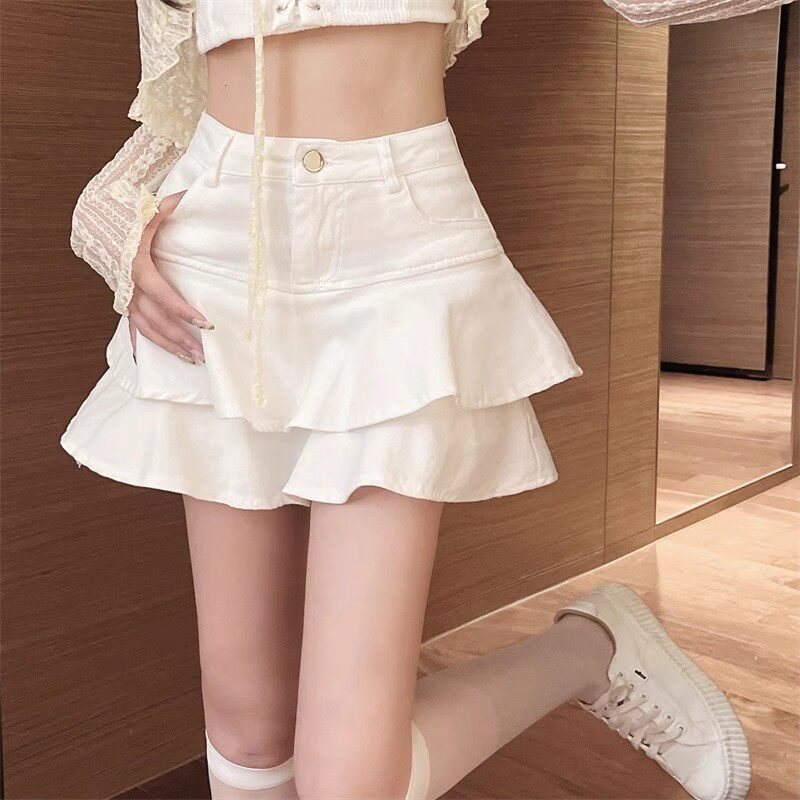 白色高腰牛仔半身裙女夏季欧洲站大尺码显瘦荷叶边防走光a字短裙