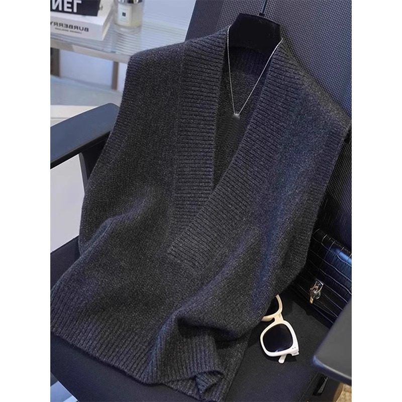 灰色v领针织毛衣马甲背心女春秋季欧货高级叠穿无袖短款马夹坎肩