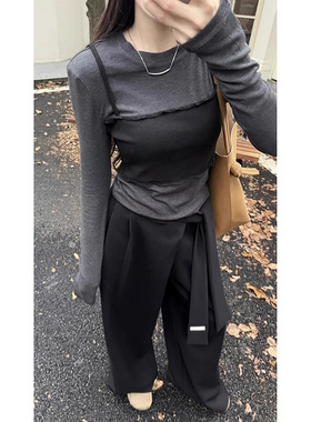 灰色圆领长袖假两件T恤女秋冬欧货修身显瘦叠穿内搭打底衫上衣