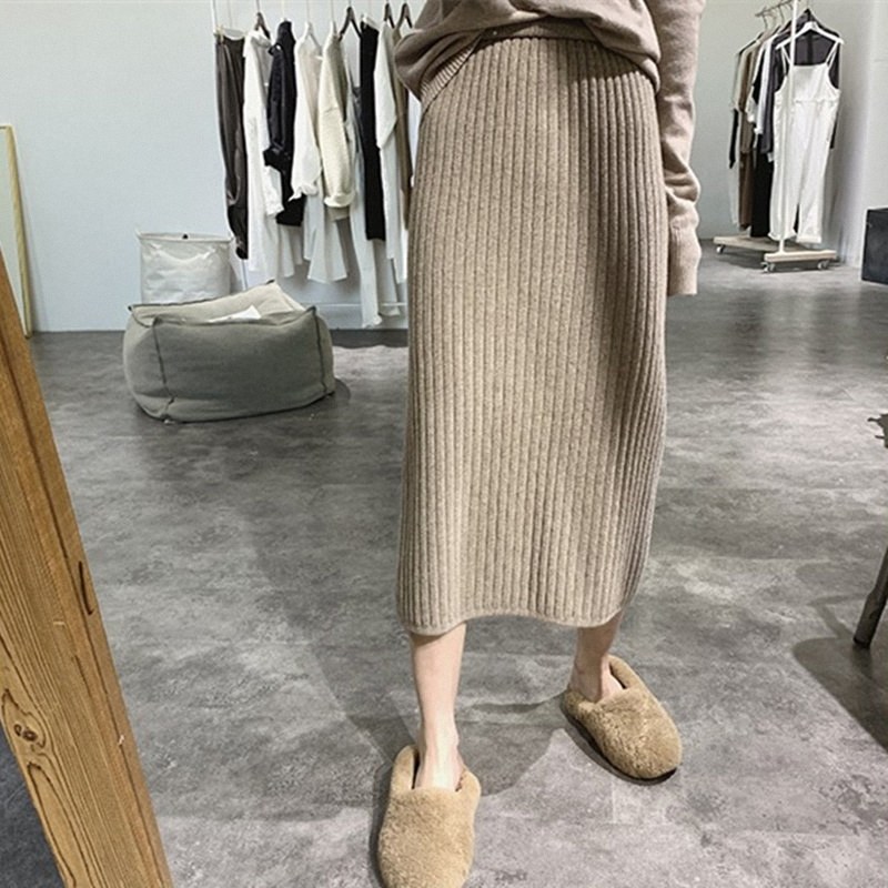 针织半身裙女秋冬欧货修身弹力中长款高腰直筒一步裙子竖条包臀裙